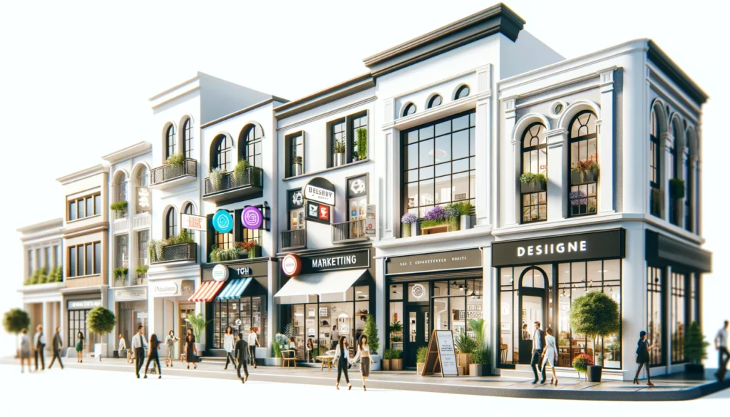 A charming street scene featuring a variety of small businesses with a white background. There are several storefronts, each with its own unique facade and signage. The businesses include an office for a tech company, a marketing agency, a consulting firm, a law office, and a design studio. People are seen walking, entering and exiting the buildings, and interacting with each other. The atmosphere is professional and dynamic, with modern signage, flower boxes, and detailed architectural features. The scene is vibrant and bustling, representing a thriving community of professional enterprises.