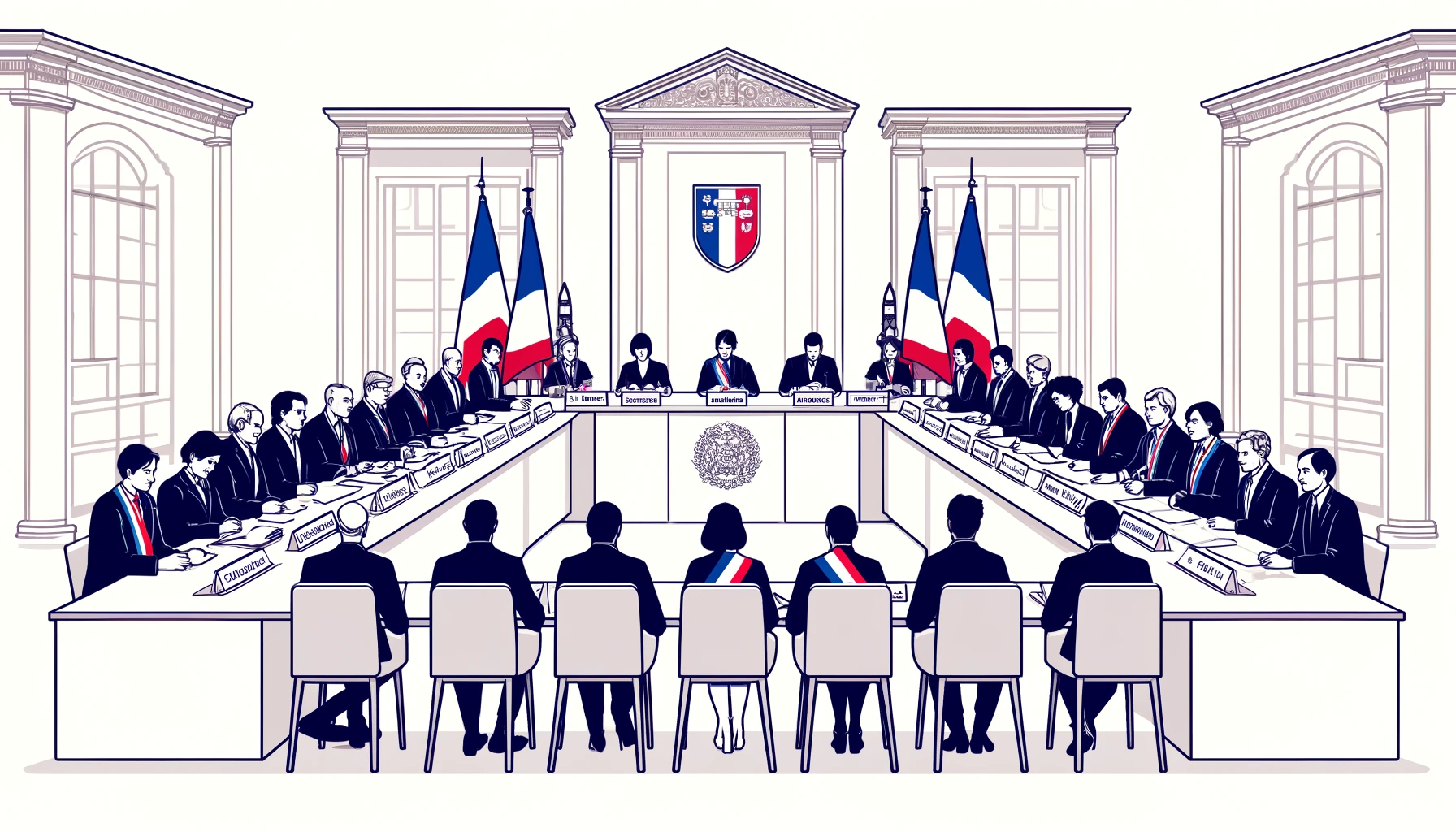 An illustration of a town council meeting in France with a white background. The scene features a large table with only representatives of the French government behind it, engaged in discussion. The representatives are diverse in age, gender, and ethnicity, dressed in formal attire, some wearing tricolor sashes. The room includes French flags, a map of France, and nameplates on the table. The illustration is minimalistic with clean lines, focusing on the professional atmosphere and the interaction between the representatives.