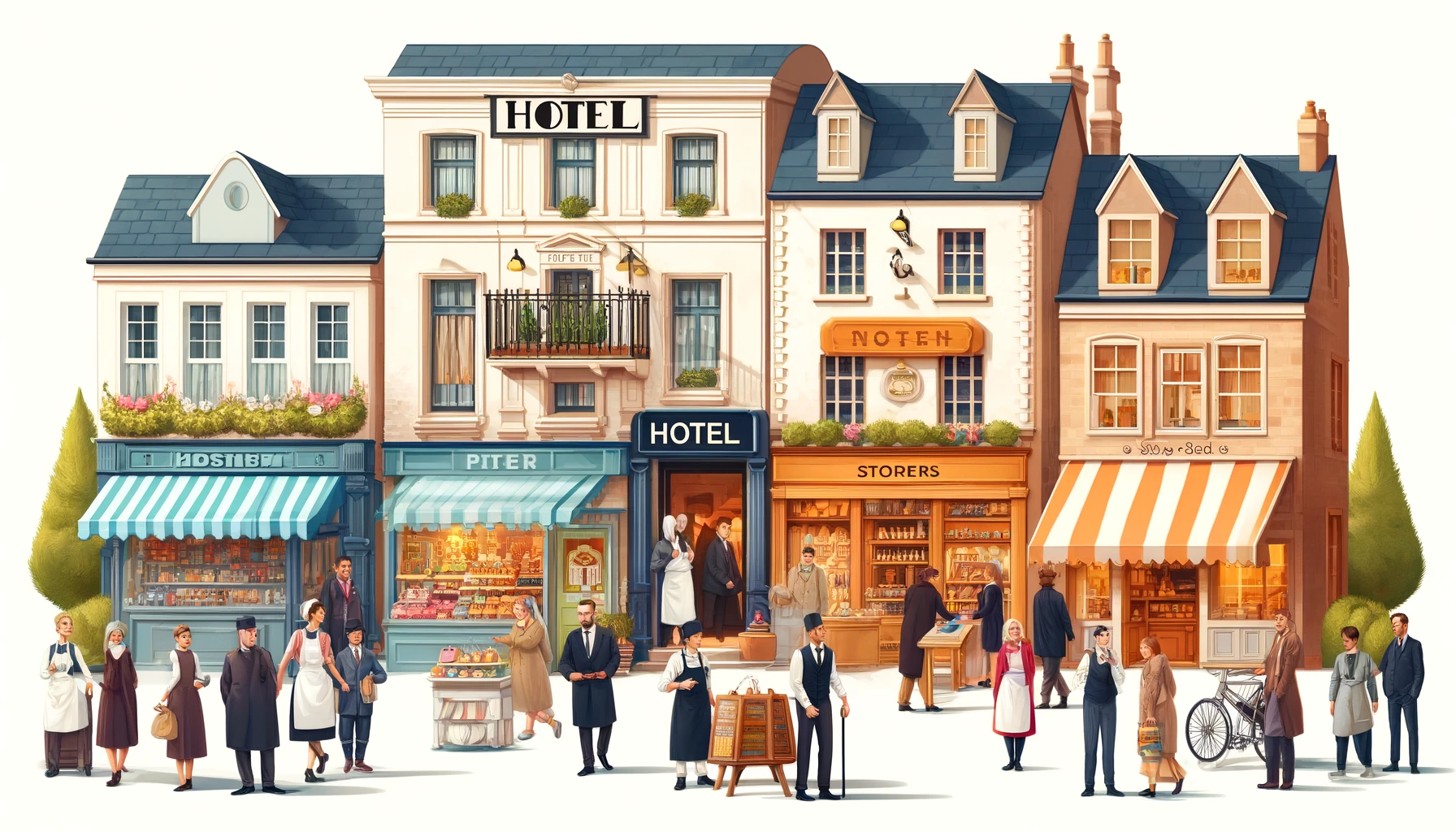 Illustration showing hoteliers and shopkeepers. The scene takes place in a charming street filled with various small businesses. On one side, there is a hotel with its welcoming facade, a sign that says 'Hotel' and a doorman greeting guests. Nearby, shopkeepers are standing outside their shops, engaging with customers. There are stores like a bakery, a flower shop, and a small boutique, each with colorful displays and friendly shopkeepers. The atmosphere is lively, with people walking, chatting, and enjoying the vibrant street. The overall mood is warm and inviting, reflecting a close-knit community. The background is plain white.